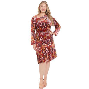 London Times Long Sleeve Plus Size 18W Red Floral Velvet Dress